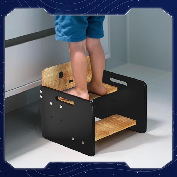 COSYLAND Kids Step Stool for Bathroom - Lovely Robot Shaped Potty Training Stool Toddler Step Stool for Toilet - Adjustable Height Kids Stepping Stool with Handle (Natural & Black)