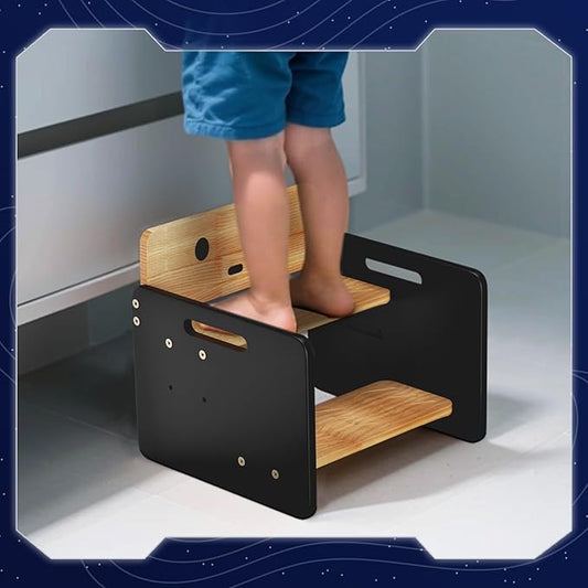 COSYLAND Kids Step Stool for Bathroom - Lovely Robot Shaped Potty Training Stool Toddler Step Stool for Toilet - Adjustable Height Kids Stepping Stool with Handle (Natural & Black)