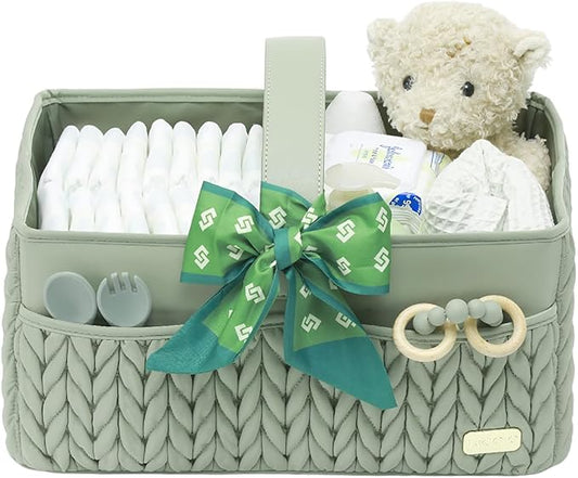Luxurious Baby Diaper Caddy, Nursery Storage Basket for Newborn Essentials, Travel Baby Basket for Diapers Baby Wipes, Organizer Tote Bag Storage Bin, Baby Shower Gifts(Sage Green)