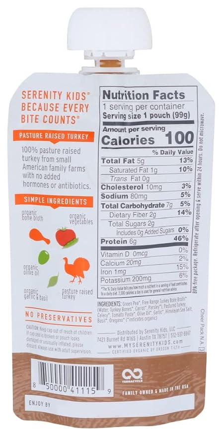 Serenity Kids Bone Broth Puree Made With Organic Veggies | Clean Label Project Purity Award Certified | 3.5 Ounce BPA-Free Pouch | Free Range Turkey Bolognese | 1 Count (Pack of 3)