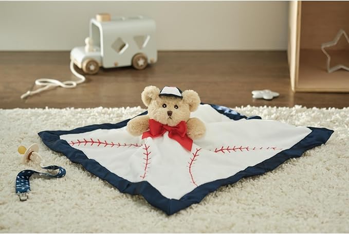 Bearington Collection Lil’ Slugger Snuggler Plush Baseball Lovey for Baby - 15 in Plush & Satin Security Blanket - Soft Teddy Bear Infant & Toddler Baseball Baby Blanket for Napping
