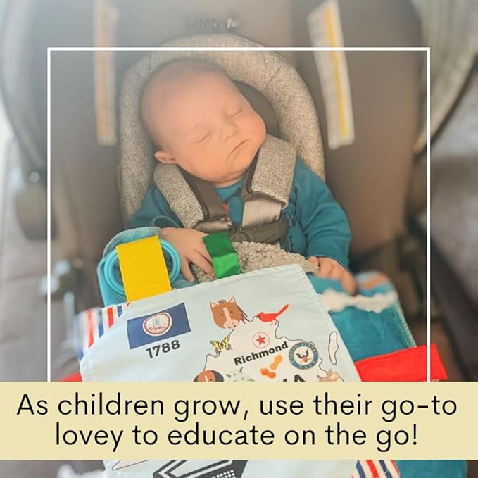 Baby Jack & Co 8x8” Learning Lovey Virginia State Tag Stroller Toy for Babies - Crinkle Toys for Developing Five Senses - Learn About Capitals - Travel with Baby Jack - BPA Free Clip
