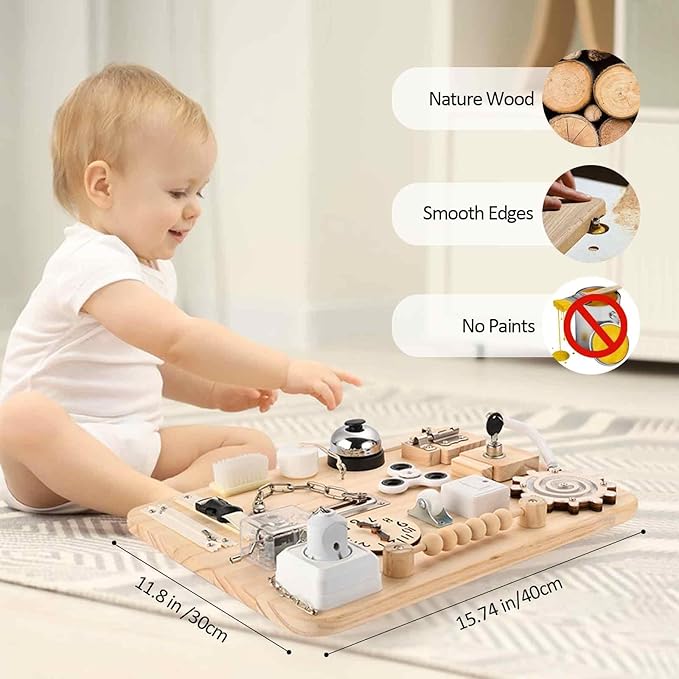 Potatomato Montessori Large Busy Board for 1 2 3 4 Year Old- Wooden Sensory Toys -Fidget Activity Board for Toddlers Boys and Girls- Motor Skills Gifts for ADHD & Autistic Children Kids