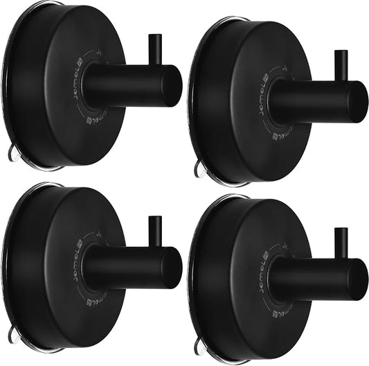 JOMOLA Suction Cup Shower Hooks for Hanging Towel Suction Hook for Inside Shower Stainless Steel Coat Hooks Wall Mounted Kitchen Utensil Stainless Steel, Matte Black, 4PCS