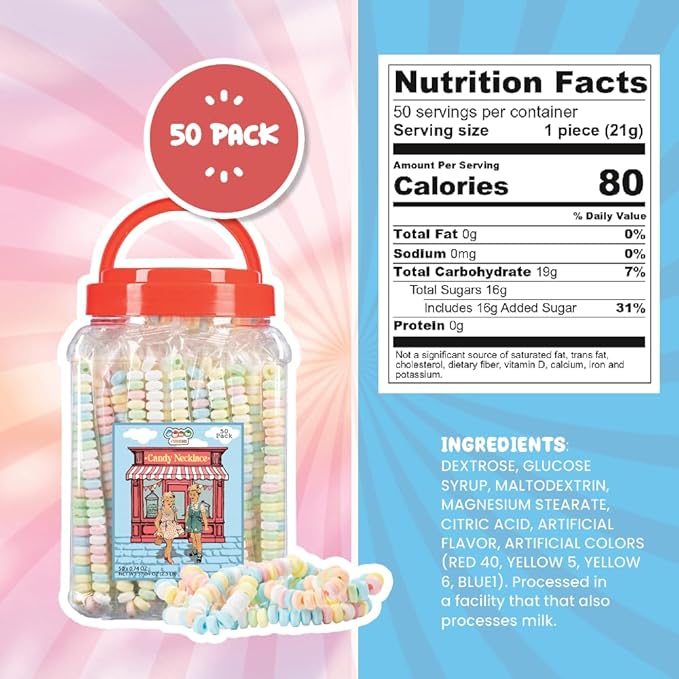 50 Candy Necklaces Individually Wrapped, Choker Style, Nostalgic Pastel Candy Jewelry Perfect for Party Favors, Pinata Fillers and Goodie Bags, Packed in a Convenient Display Tub, By 4YoreElves