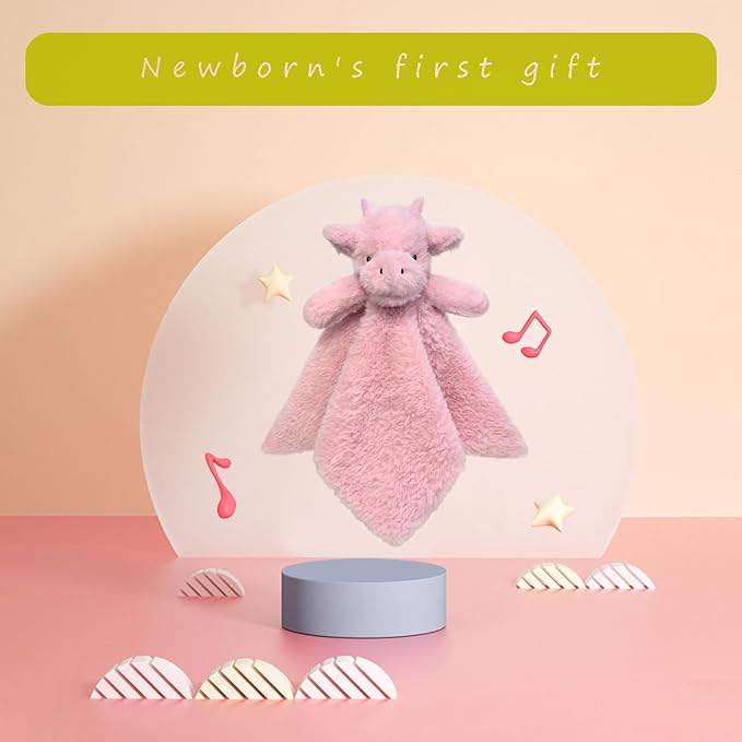 Baby Pink Dragon Soft Stuffed Animal Security Blanket, Plush Dinosaur Character Lovey Blanket, Baby Shower/Nursery Gift, Newborn Infant Toddler Snuggle Blankie for Girls Boys, 14 Inches