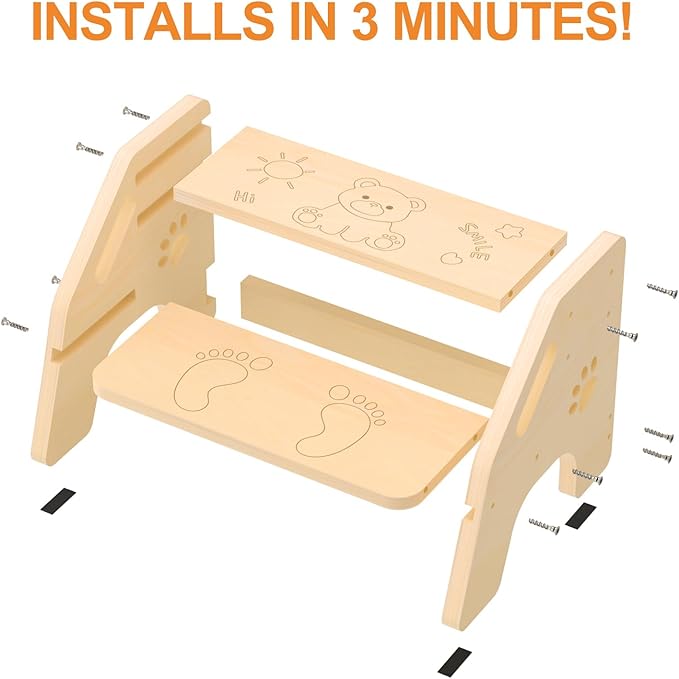 Toddler Step Stool Wooden - Height-Adjustable Kids 2 Step Stool Ladder with Cute Bear Design for Bathroom Sink Toilet Potty Training Kitchen Bedroom