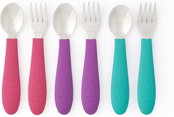 Elk and Friends Kids Silverware with Silicone Handle | Childrens Safe Flatware | Toddler Utensils | Baby Spoons + Forks | Stainless Steel Cutlery