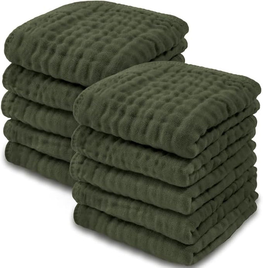 Comfy Cubs Muslin Baby Washcloths 10 Pack - Soft 6-Layer Cotton Wash Cloths for Sensitive Skin - 10"x10" Large, Gentle, Absorbent Infant Essentials for Newborn and Toddlers - Kelp