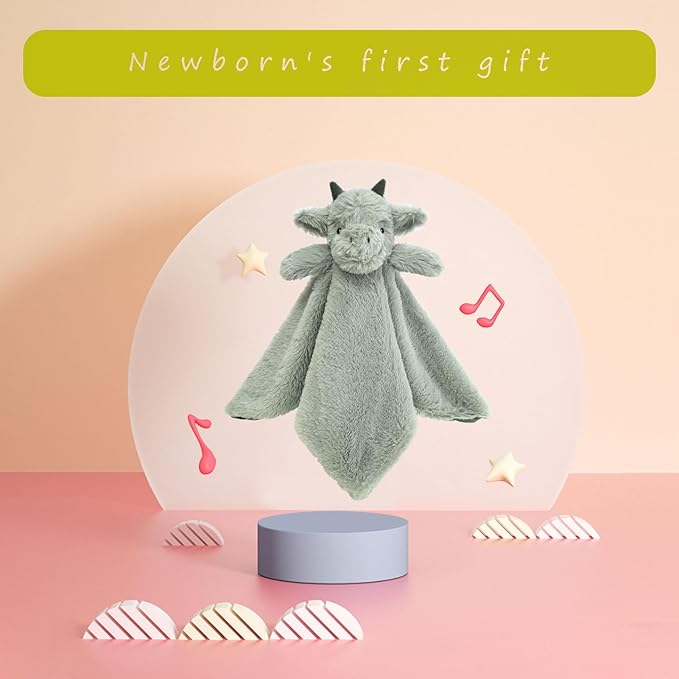 Baby Green Dragon Soft Stuffed Animal Security Blanket, Plush Dinosaur Character Lovey Blanket, Baby Shower/Nursery Gift, Newborn Infant Toddler Snuggle Blankie for Girls Boys, 14 Inches