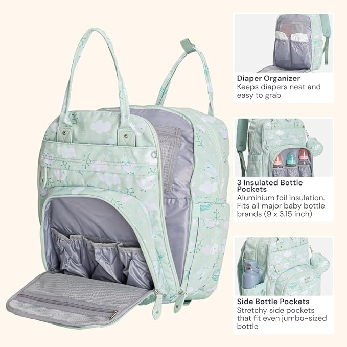 BabbleRoo Diaper Bag Backpack - Baby Essentials Travel Tote - Multi Function Water Resistant Diaper Bag, Travel Essentials Baby Bag with Changing Pad, Stroller Straps & Pacifier Case - Green Birdy