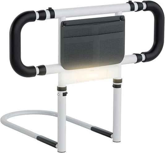 Bed Rails for Elderly Adults Safety: Elderly Assistance Products with Adjustable Double Grips, Storage Pocket, Motion Sensor Light, Items for Elderly Bed Rail, Can Withstand 300lb(White)