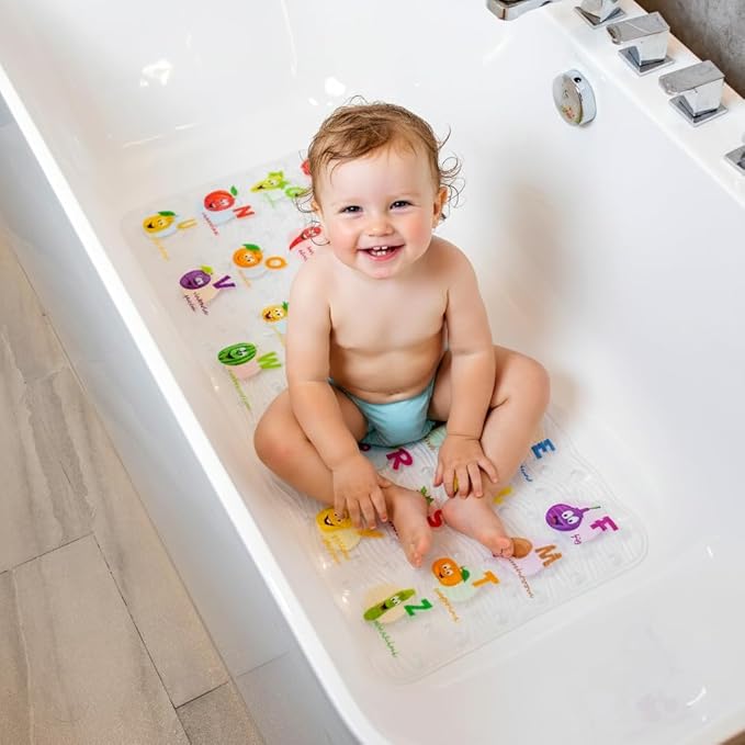Polyvinyl Chloride (PVC) Bath Mat, Alphabet, Square, XL Size, 35x16 inch, Textured Pattern, Suction Cups - Bath Mats for Tub Kids