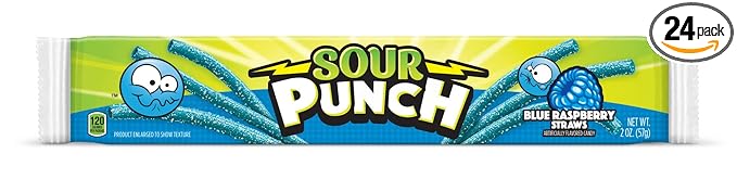 Sour Punch Straws, Sweet & Sour Flavored Soft, Chewy Candy, Tray, Blue Raspberry , 2 Ounce (Pack of 24)