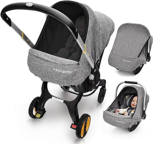 Baby Car Seat Cover, Extra Large Mesh Window, Breathable Fabric, Infant Windproof Canopy, Universal Fit CarSeat Covers for Babies, Machine Washable, Must Have Baby Gift. (Gray)