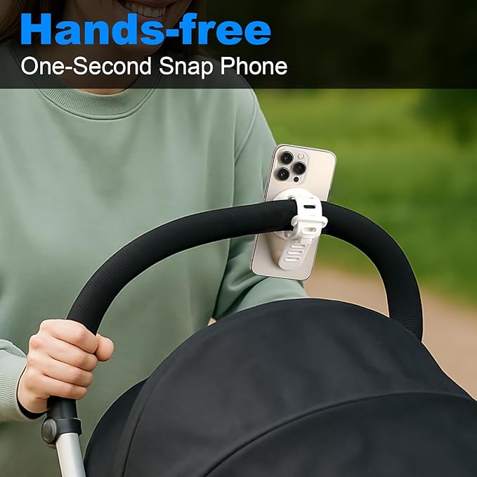 Stroller Phone Holder Universal Phone Holder for Stroller Strong magnetic phone holder with adjustable strap, stable and safe, compatible with fitness equipment, strollers, shopping carts, White