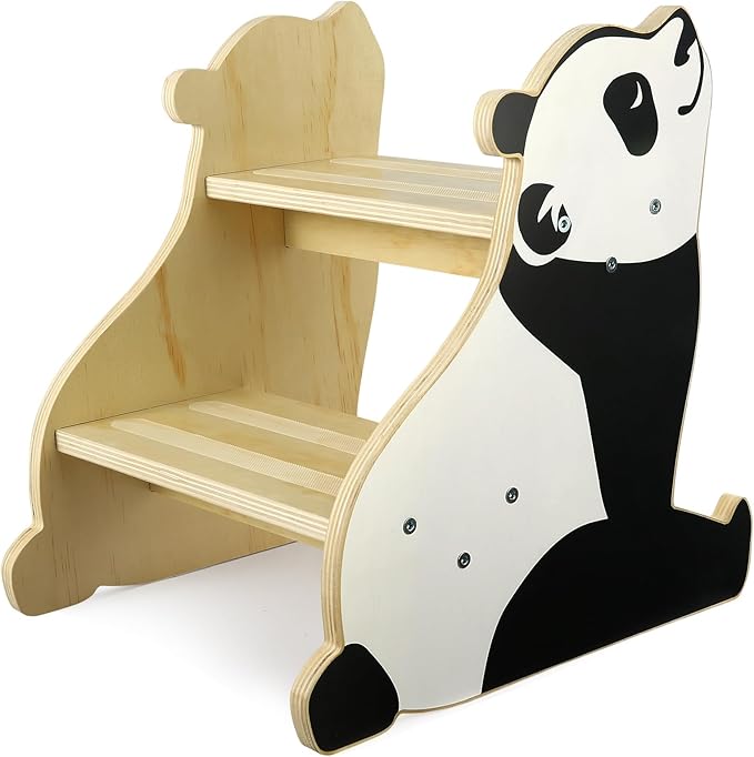 Toddler Step Stool, 2-Step Wooden Step Stool for Toddlers with Non-Slip Base, Cute Printed Design Potty Training Stool for Bathroom Sink, Kitchen & Bedroom (Panda)