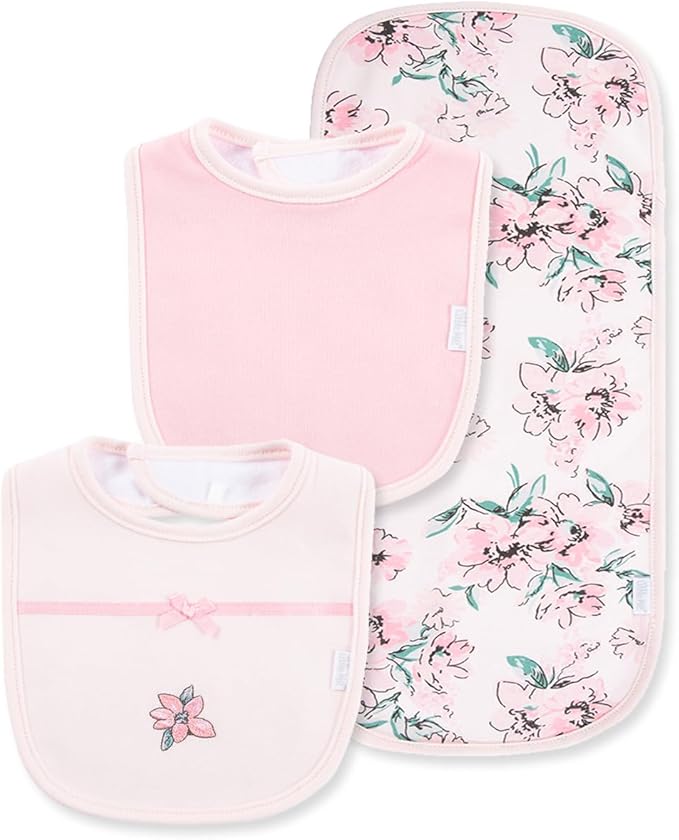 Little Me Clothes for Baby Boys’ and Girls’ 2 Bibs and 1 Burp Cloth Set, Soft Cotton Feeding Essentials with Velcro Closures