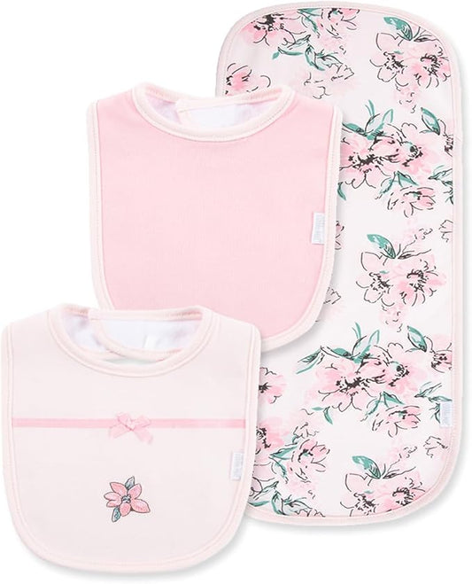 Little Me Clothes for Baby Boys’ and Girls’ 2 Bibs and 1 Burp Cloth Set, Soft Cotton Feeding Essentials with Velcro Closures