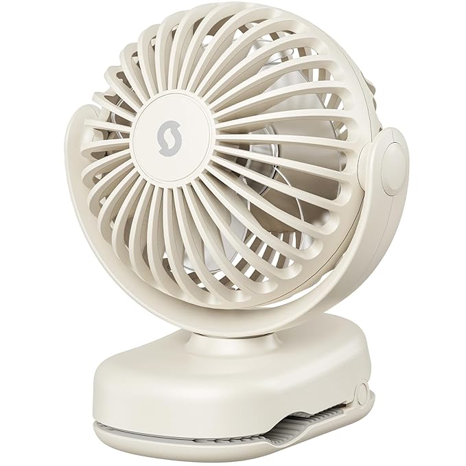 SWEETFULL Mini Clip on Fan - Portable Rechargeable Personal Fan with Strong Clamp, 3 Speeds, 11Hrs Cooling, Cute Small Desk Cooler for Stroller Bed Pet Carriers Umbrell Travel Outdoor - Beige