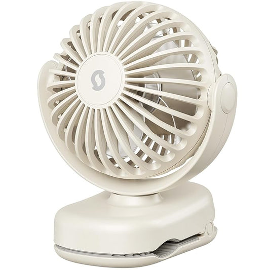 SWEETFULL Mini Clip on Fan - Portable Rechargeable Personal Fan with Strong Clamp, 3 Speeds, 11Hrs Cooling, Cute Small Desk Cooler for Stroller Bed Pet Carriers Umbrell Travel Outdoor - Beige