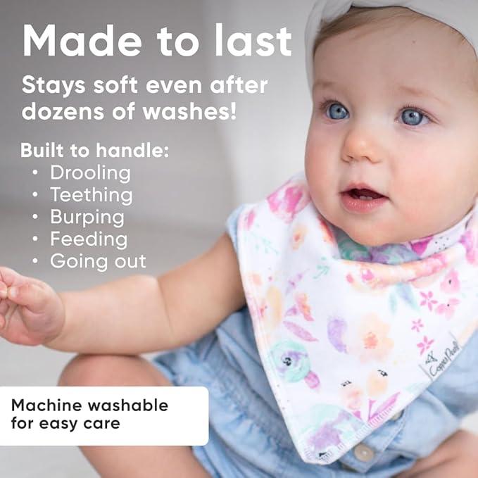 Copper Pearl 4 Pack Soft Cotton Baby Bibs for Drooling and Teething, Absorbent Drool Bibs for Baby Girl and Boy, Adjustable to Fit Newborns to Toddlers, Tons of Styles (Bloom)