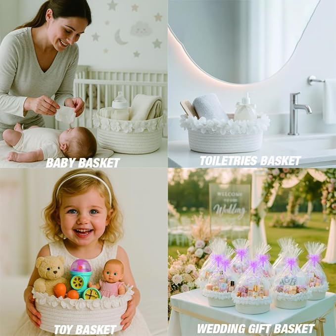 Yimi's Dream Cotton Rope Gift Basket – White Woven Gift Basket with Lace, Decorative Organizer for Baby Shower, Housewarming, Nursery, Toys, Socks, Diapers, Christmas, Holiday Gifts