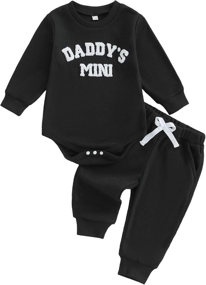 Kupretty Baby Boy Clothes 3 6 12 18 Months Fall Winter Outfit Mama's Boy Embroidery Waffle Long Sleeve Romper Pants Set