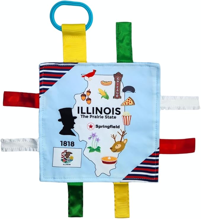 Baby Jack & Co 8x8” Learning Lovey Illinois State Tag Stroller Toy for Babies - Crinkle Toys for Developing Five Senses - Learn About Capitals - Travel with Baby Jack - BPA Free Clip