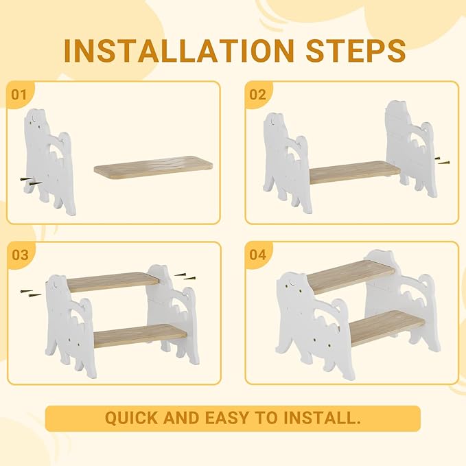 COSYLAND Kids Step Stool for Bathroom Height Adjustable - Lovely Cat Potty Training Stools for Toddlers - Wooden Stepping Stool with Handle for Bathroom Sink (Natural & White)