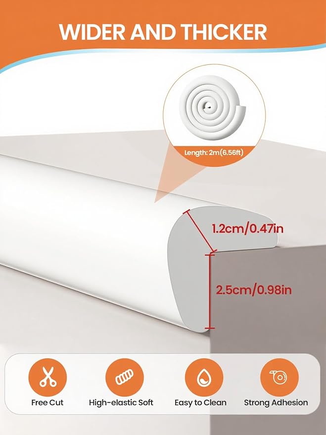 Baby Proof Edge Corner Protector, 6.56FT 0.47''Th L-Shape Furniture Corner & Edge Safety Bumpers with 6 Corners, Pre-Taped, Soft NBR Rubber Foam Desk Edge Cushion Wall Corner Protector(White-gray)