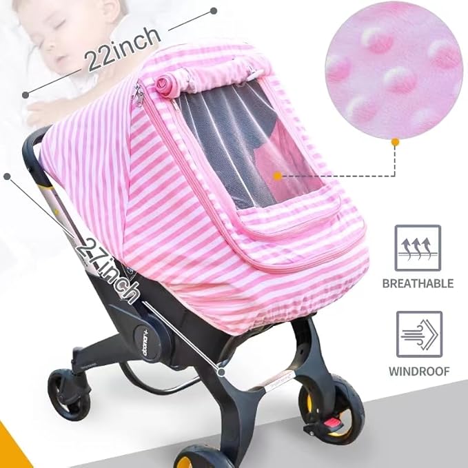 Car Seat Covers for Babies,Baby Car Seat Cover for Boys Girls, Windproof Infant Carseat Cover,Kick-Proof Car Seat Canopy with Breathable Mesh Peep Window(Pink Stripe)