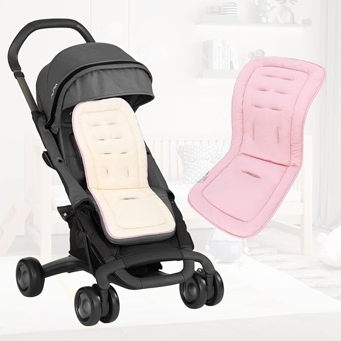 Baby Stroller Cushion,Infant Car Seat Insert-Reversible Universal Breathable and Soft Newborn Stroller Mat,100% Cotton Cover Toddler Seat Pad Liner-34x78cm,1 Pack(Beige+Pink)