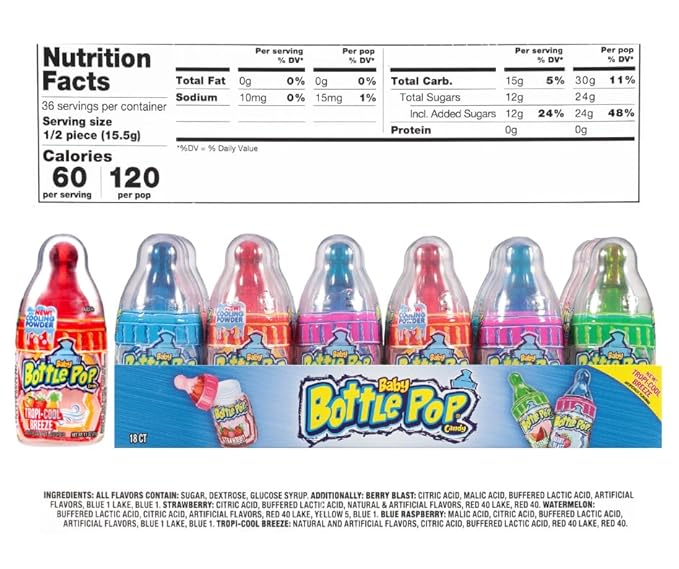 Baby Bottle Pop Candy Lollipop, 18 Ct Bulk Lollipops with Dipping Powder in Assorted Fruity Flavors, Full Size, Individually Wrapped Hard Candy For Gender Reveal, Baby Showers, Goodie Bags & Parties