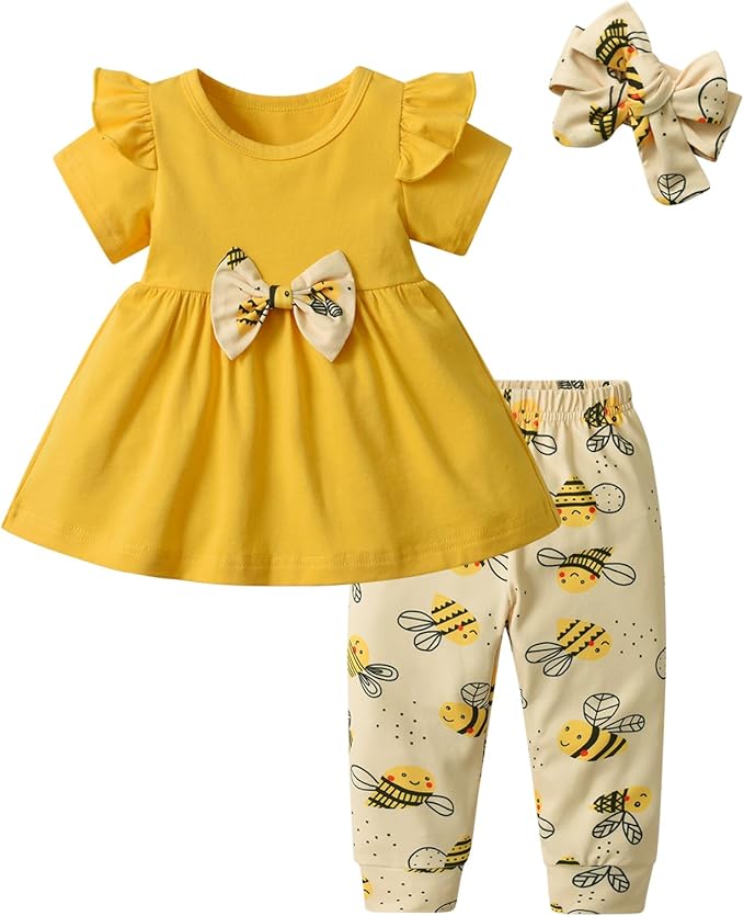 3PCS Baby Girl Clothes Ruffle Floral Shirt Tops Pants Headband Outfit Sets