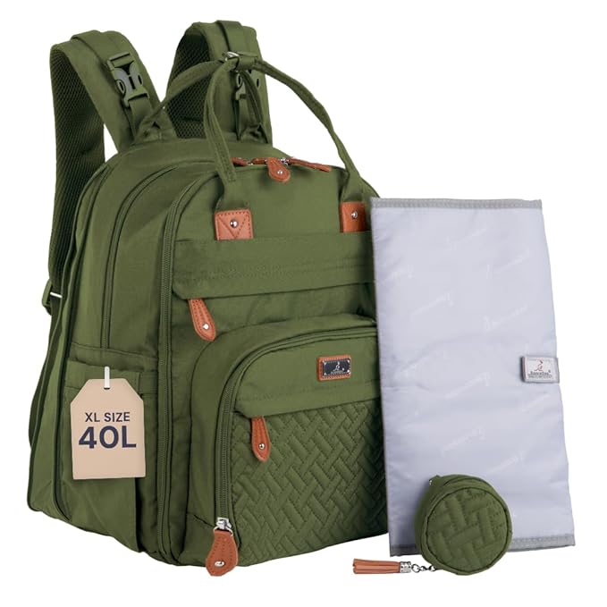BabbleRoo Extra Large Diaper Bag Backpack, Expandable Baby Bag with Up to 50% More Capacity - Travel Essentials Baby Bag Tote with Changing Pad, Stroller Straps & Pacifier Case - Unisex, Forest Green