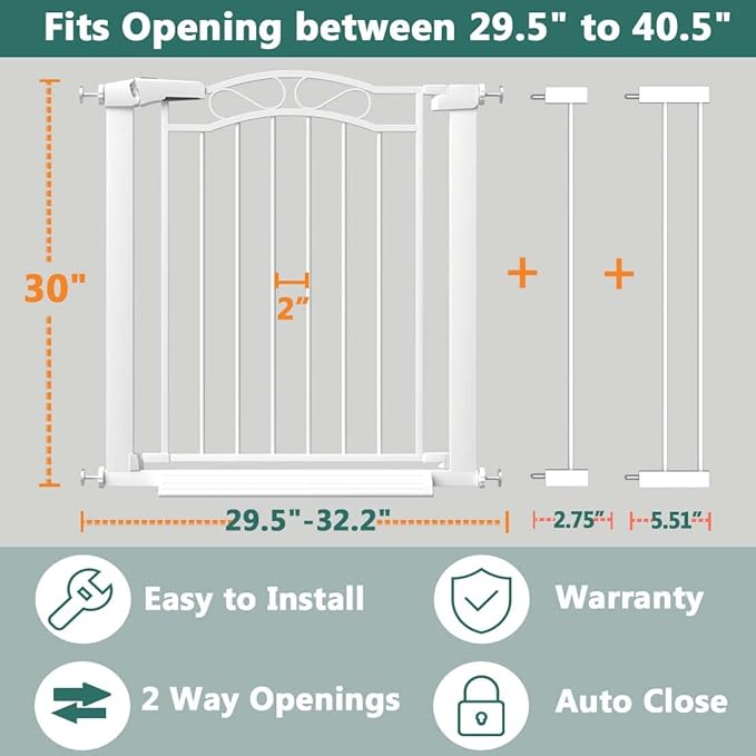 Fairy Baby 29.5"-40.5" Extra Wide Baby Gate, Metal Child Safety Gate for Kids Or Pets, Long Dog Gates Indoor No Drill for House Doorway, Pressure Mounted Easy Walk Through Pet Gate with Door, White
