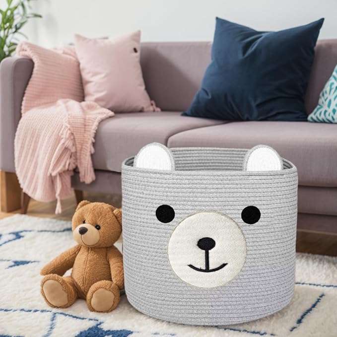Bear Laundry Baskets Laundry Hamper Storage Baskets with Handles,Decorative Basket for Living room,Woven Storage Basket for Toys Bin Pillows Blankets Clothes (Grey - Version 2)