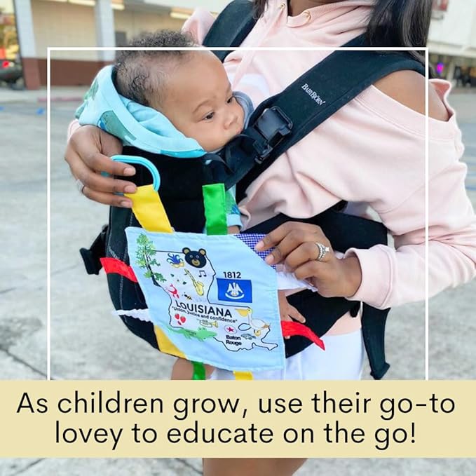 Baby Jack & Co 8x8” Learning Lovey Louisiana State Tag Stroller Toy for Babies - Crinkle Toys for Developing Five Senses - Learn About Capitals - Travel with Baby Jack - BPA Free Clip