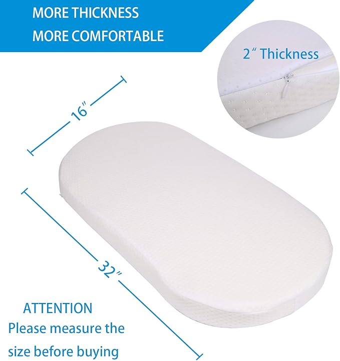 Mecc ecoh Baby Bassinet Mattress, 100% Breathable Cover, Water-Resistant Lining, Oval 32"x16"x2" Fit for Fisher-Price Series/Delta Children Sweet Beginning, Sweet Dream, Curve, Rocking & Moses Basket
