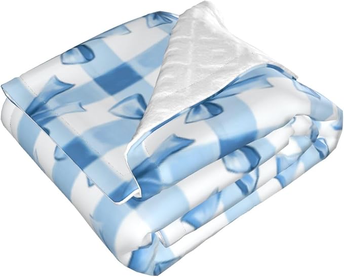 Baby Blanket Blue Bows Check for Boy Girl Newborn 30x40 Inch Toddler Infant Nursery Throw Blankets Double Layer Comfy Soft Plush Stroller Crib Quilt