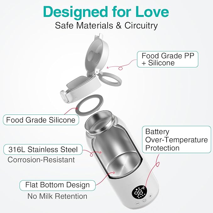 Koalababy Portable Bottle Warmer – Fast Heating Milk Warmer for Travel, Breast Milk & Formula, 17oz Leak-Proof Stainless Steel, IPX6 Waterproof, Rechargeable with Long Battery Life