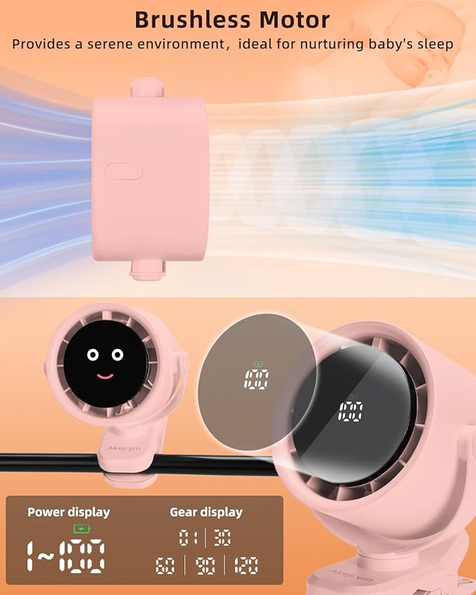 Clip on Fan for Bed, Portable Fan for Travel, Small Powerful 5 Speed Quiet 360° Rotate, Air Turbo Tech & Digital display, For Home Office Stroller Camping (Pink)