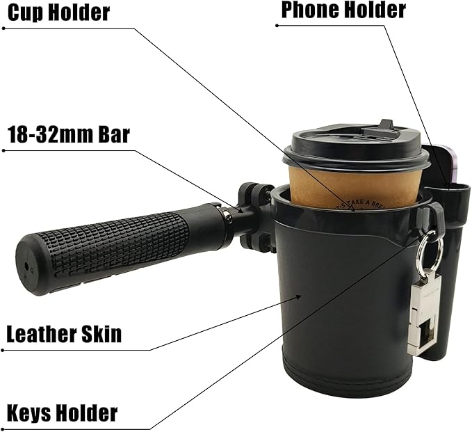 Bike Cup Holder with Phone Keys Holder, Handlebar Water Bottle Cage for E-Bike, Scooter, Stroller, Wheelchair