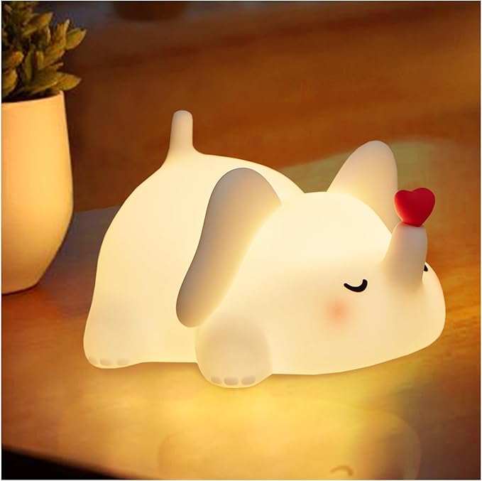Silicone Elephant Night Light for Kids Room Dimmable Rechargeable Nursery Animal Nightlight Gifts for Women Girls Boys Room Decor 3 Level Brightness Toddler Bedroom Bedside Touch Lamp