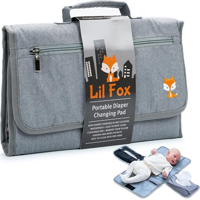 Lil Fox Portable Changing Pad - One-Hand Diaper Change Pad for Baby Diaper Bag or Changing Table. Unisex Baby Shower Gifts, Newborn Essentials