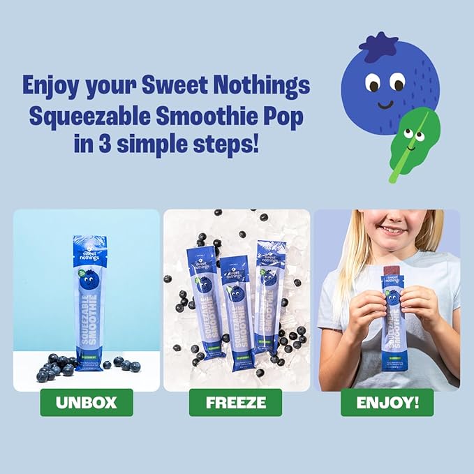 Sweet Nothings, Blueberry, USDA Organic Kids' Squeezable Super Fruit Smoothie Freezie Pops, Value Pack of 24 - Dye-Free, No Added Sugar, Dairy-Free, Vegan, Healthy Organic Fruit and Veggie Pops, Freeze & Enjoy