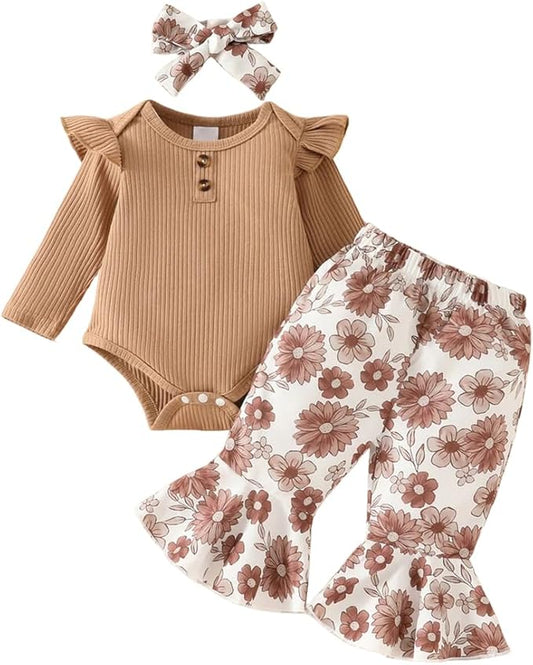Newborn Baby Girl Clothes Infant Girl Outfits Long Sleeve Ruffle Romper + Floral Pants + Headband Set