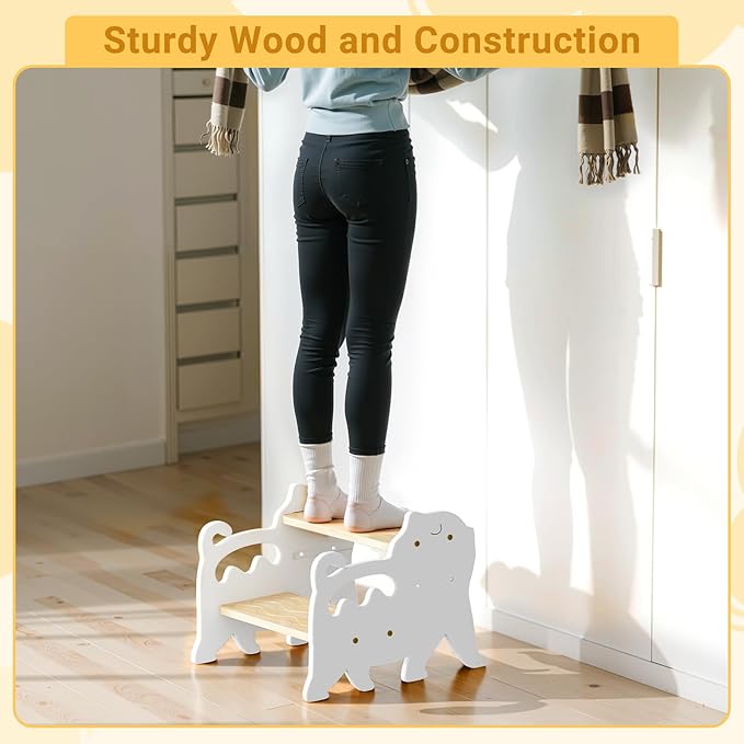 COSYLAND Kids Step Stool for Bathroom Height Adjustable - Lovely Cat Potty Training Stools for Toddlers - Wooden Stepping Stool with Handle for Bathroom Sink (Natural & White)