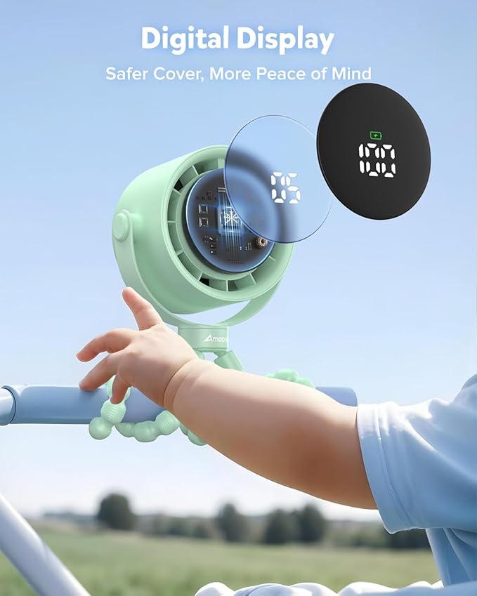 AMACOOL Baby Stroller Fan, Rechargeable Portable Clip on Fan, 17H Cooling with 5 Speeds, LED Display, 360°Rotate Personal Cooling Fans for Car Seat, Crib, Travel, Camping, Gifts for New Parents